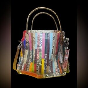 Caerlif Blue & Yellow Snake Embossed Stripe Leather Tote - Brand New